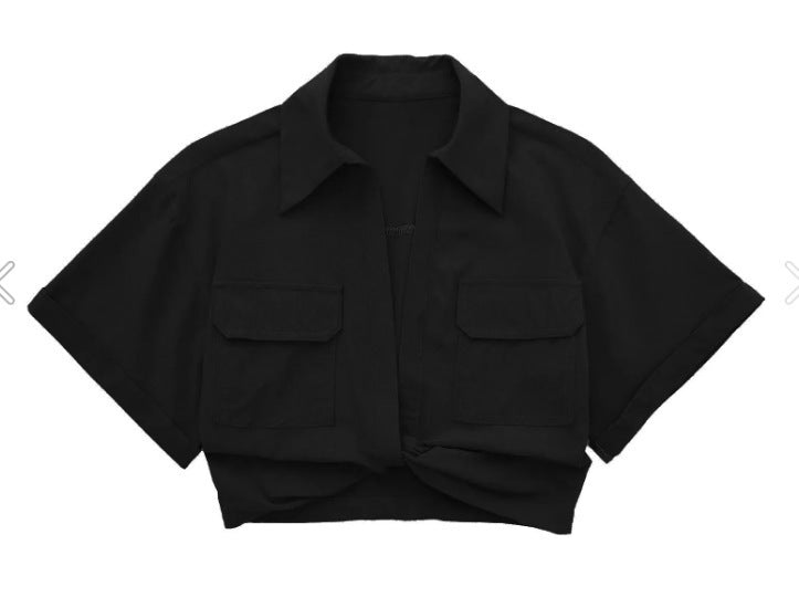 Solid Color Versatile Knot Embellishment Double Pocket Short Sleeved Shirt