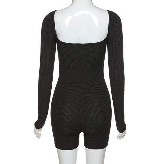 Summer Women's Clothing Long Sleeve Square-neck Fashion Back Slim Bottoming Jumpsuit