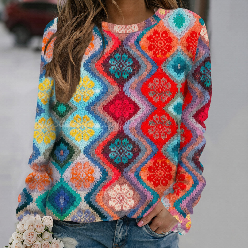 Dame Sweater med Kreativt Print, Rund Hals og Lange Ærmer