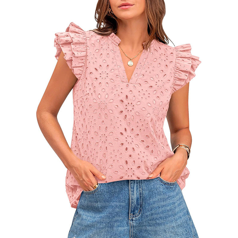 Summer Fashion Casual Flying Sleeves Hollow Embroidered Shirt For Women