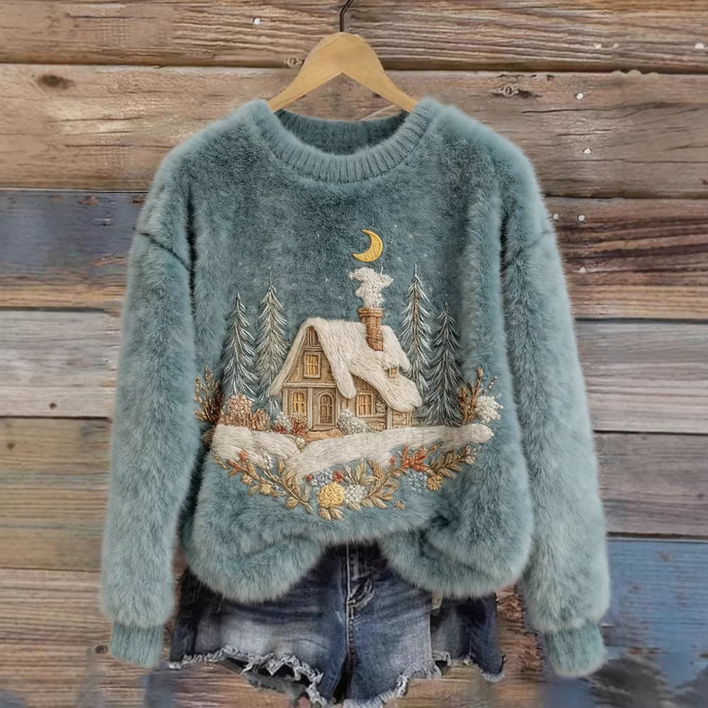 Womens 3D DigitalPrint Flannel Crewneck Sweatshirt For FallWinter