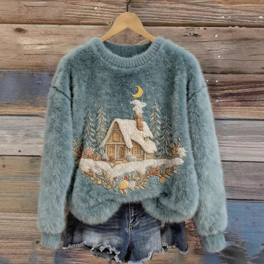 Womens 3D DigitalPrint Flannel Crewneck Sweatshirt For FallWinter