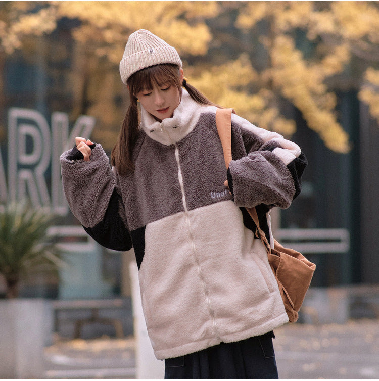 Lovers Lazy Style Color Matching Loose Lamb Down Thick Cotton Jacket
