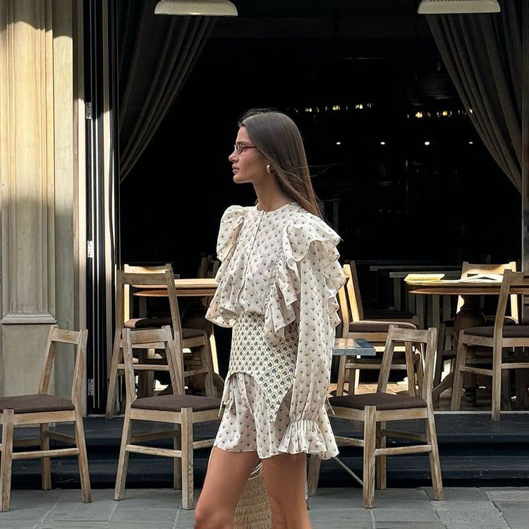 Womens Short Crew-Neck Printed Dress