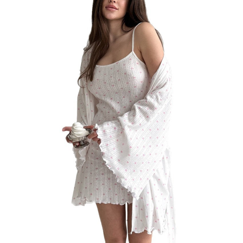 Casual White Heart-Print Long-Sleeve Two-Piece Skirt Set For Women
