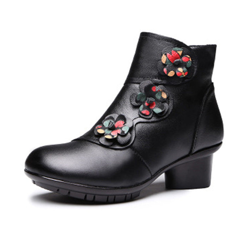 Ethnic Style Leather Mid Heel Short Boots