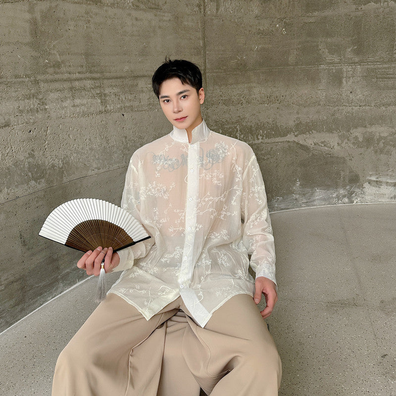 Arrival Slightly Sheer Three-Dimensional Floral Design Mandarin-Collar Long-Sleeve Shirt