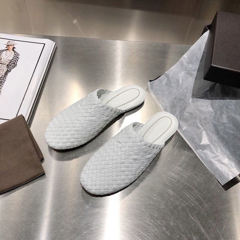 Round Head Sheepskin Woven Toe Half Slippers