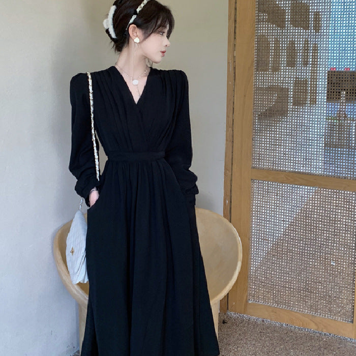 Elegant Long Sleeve V Neck Solid Color Dress
