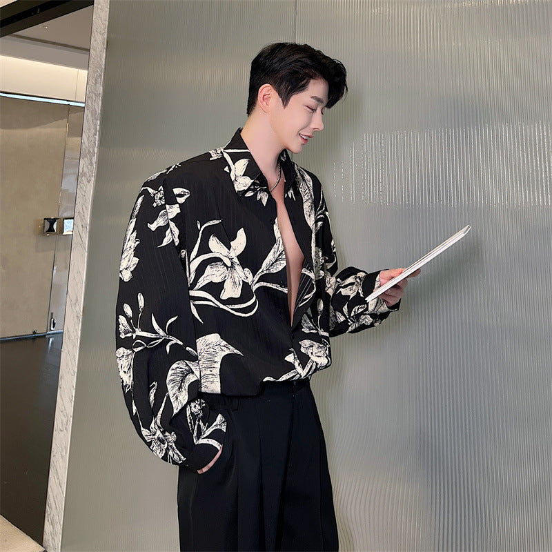 Black Shirt Men's Long Sleeved Loose And Lazy Floral Fragments
