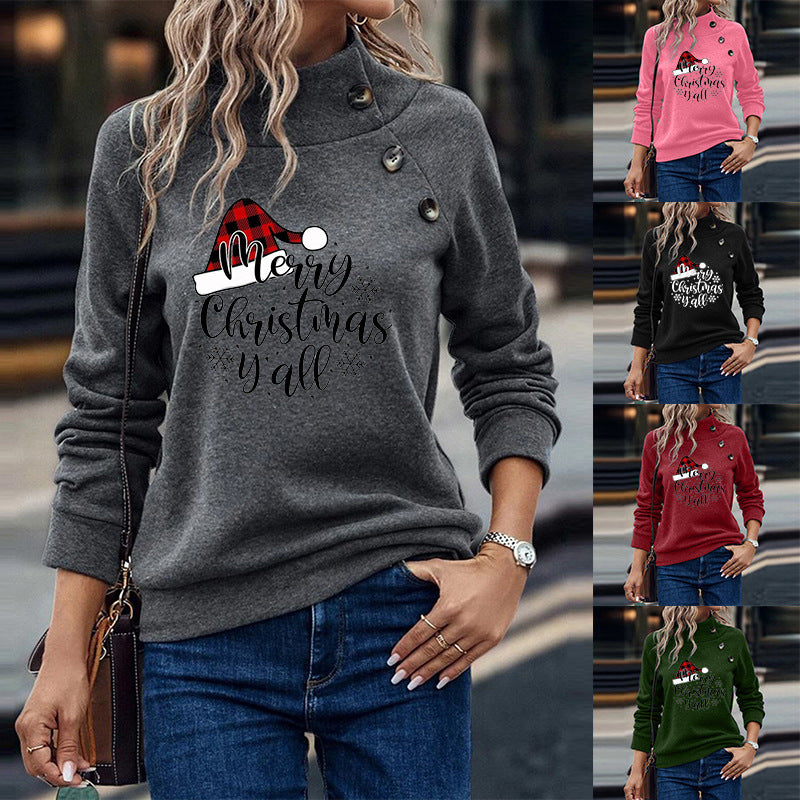 Cartoon Turtleneck Christmas Printed Loose Sweatshirt Women