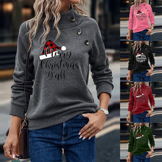 Cartoon Turtleneck Christmas Printed Loose Sweatshirt Women