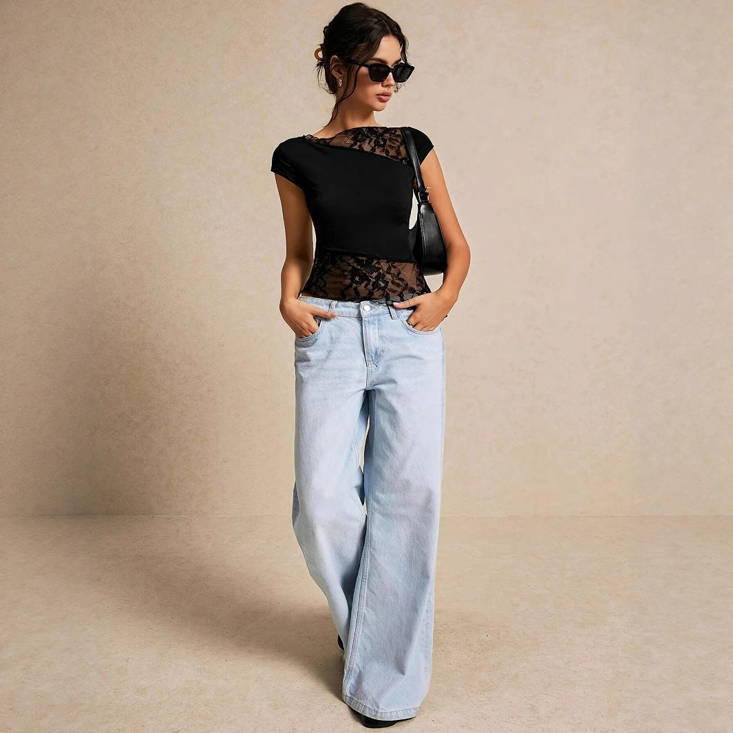 Women's Slim-fit Lace-panelled Short-sleeve Top