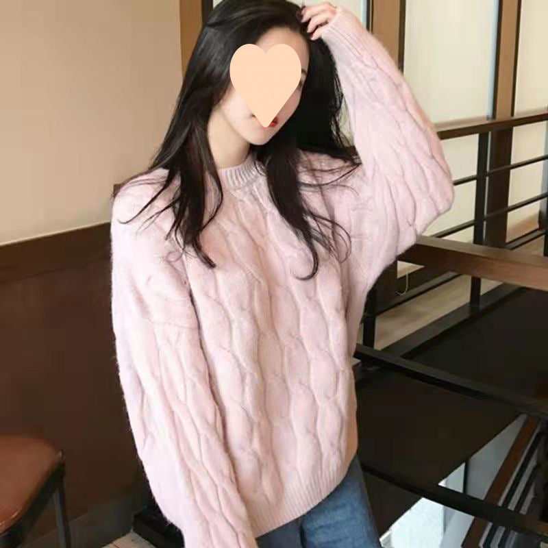 Autumn And Winter Female Students Fleece-lined Thickened Cable-knit Sweater