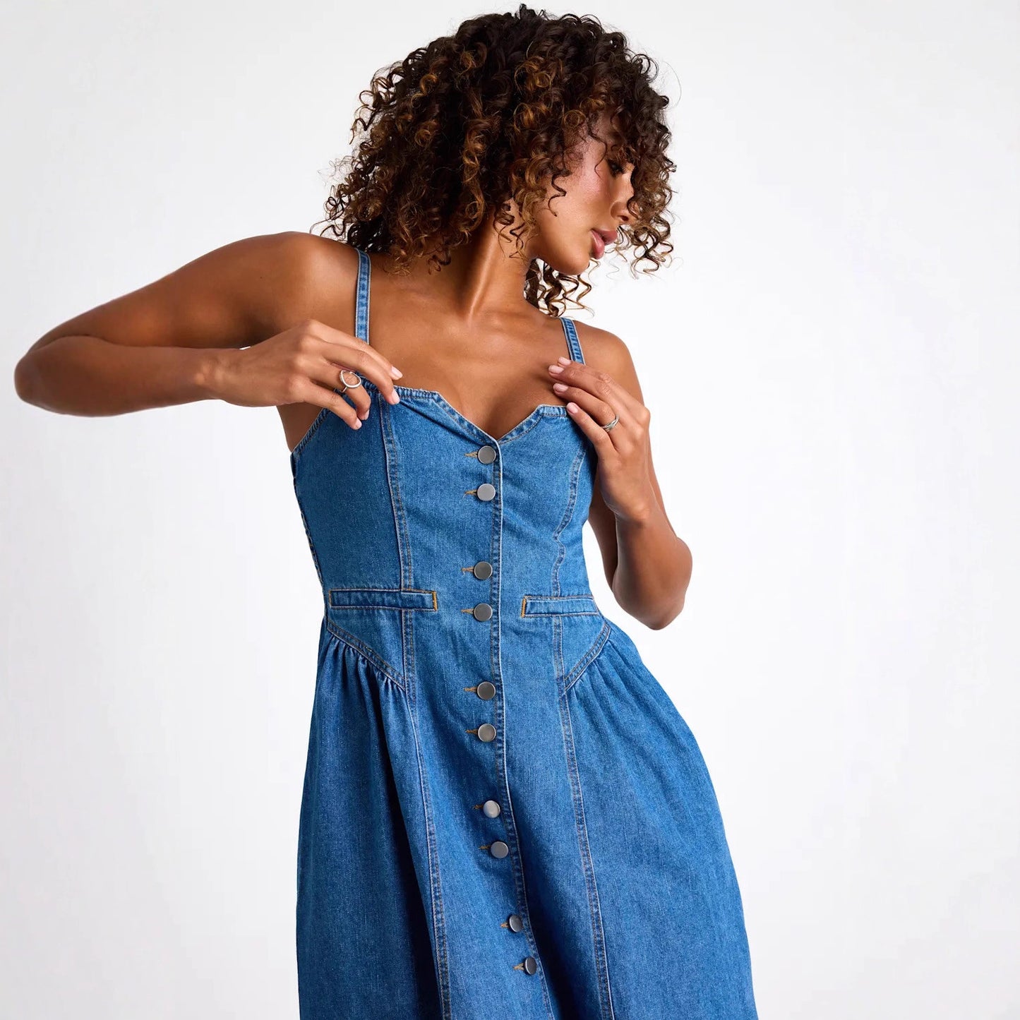 Retro V-neck Cardigan Denim Slip Dress Womens Clothing