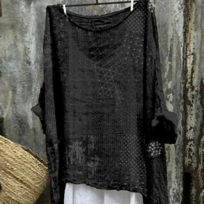 Japanese Traditional Sashiko Art Linen Blend Flowy Long-sleeve Top