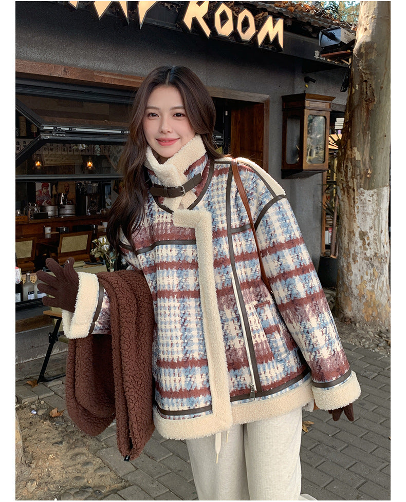 Retro Plaid Stand Collar Loose Fur Short Coat For Women