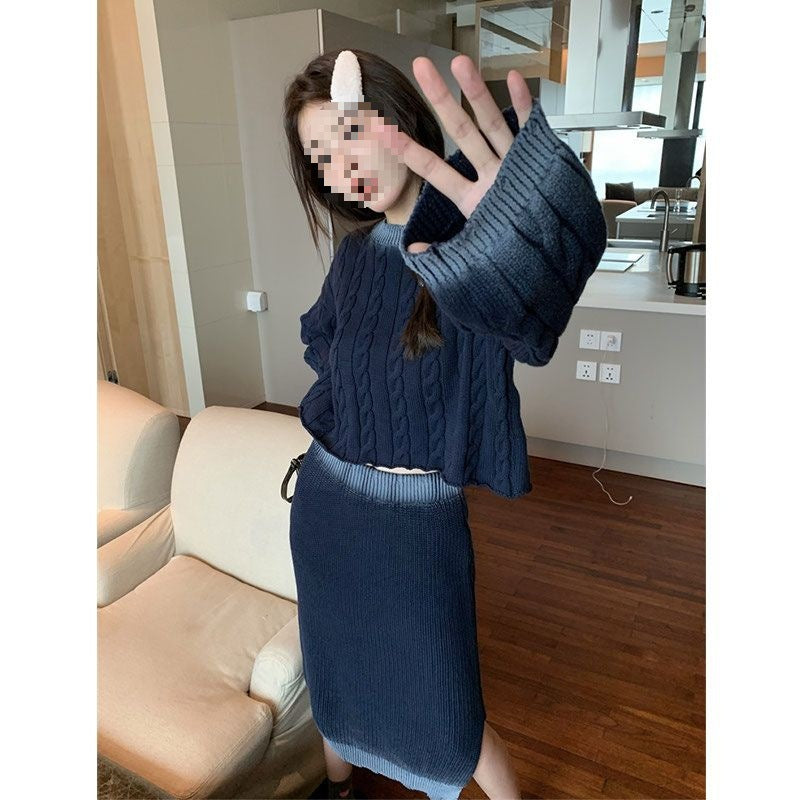 Cable-knit Sweater Split Skirt Suit