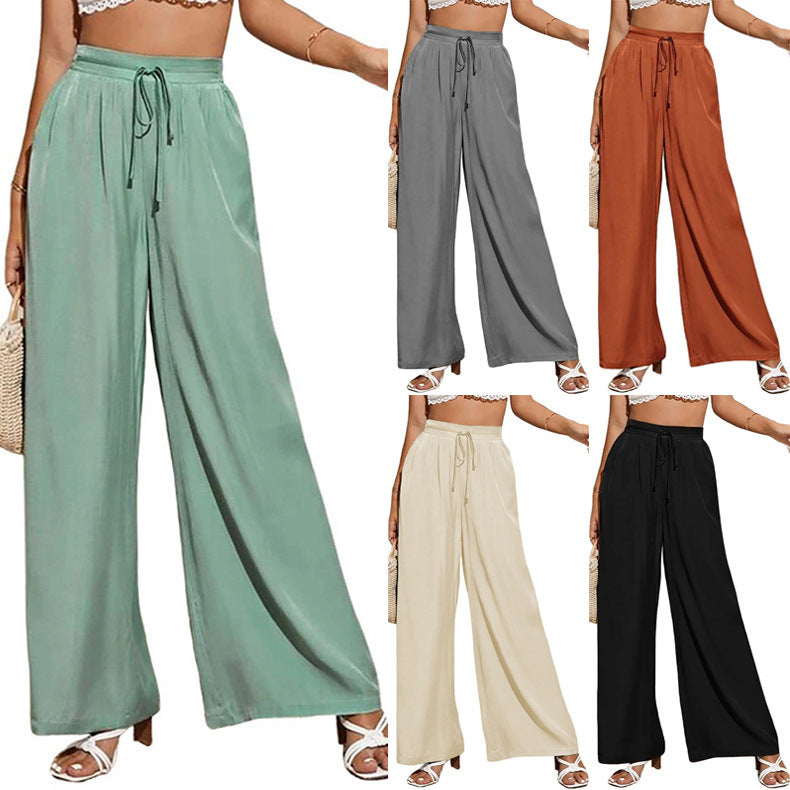 European And American Summer Pure Color Elastic Waist Lace-up Loose Wide-leg Pants
