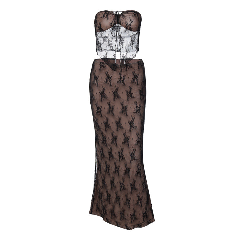 Lace Stitching Wrapped Chest Sheath Dress Suit