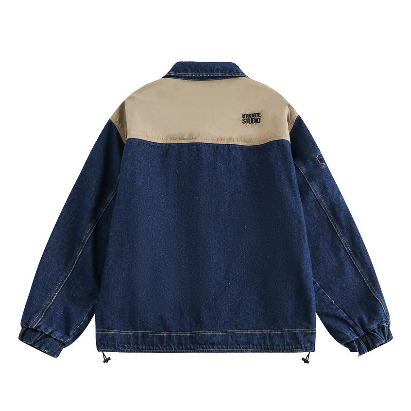 Color Matching Stitching Denim Baggy Coat Men's