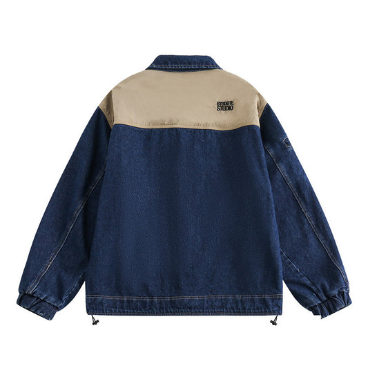 Color Matching Stitching Denim Baggy Coat Men's