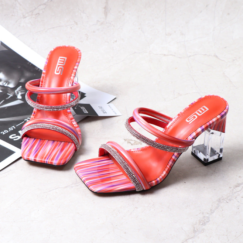 One Line Sandals And Slippers Crystal High Heeled Large Size Comfortable Sandals