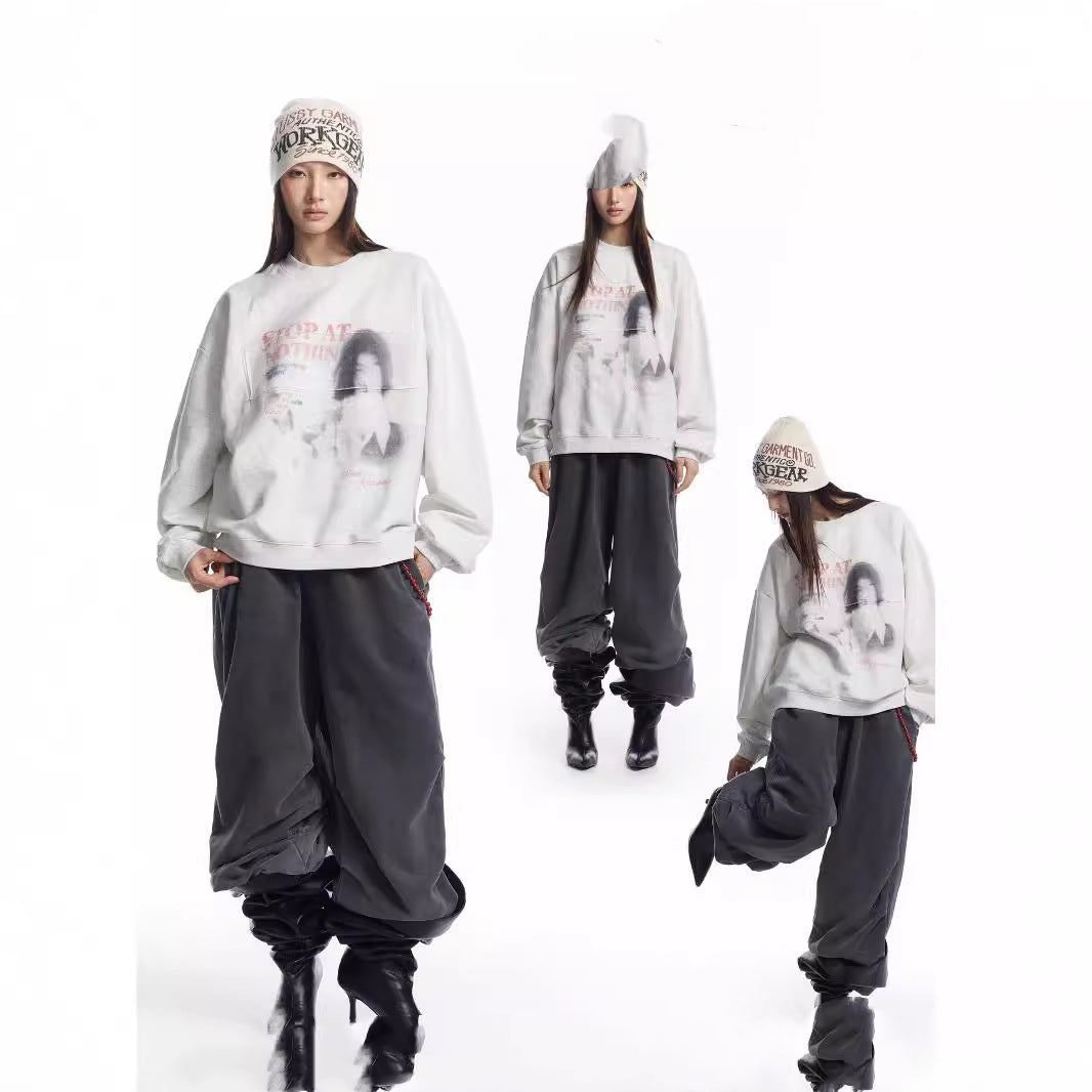American Street Retro Portrait Printing Pullover Loose Round Neck Sweater