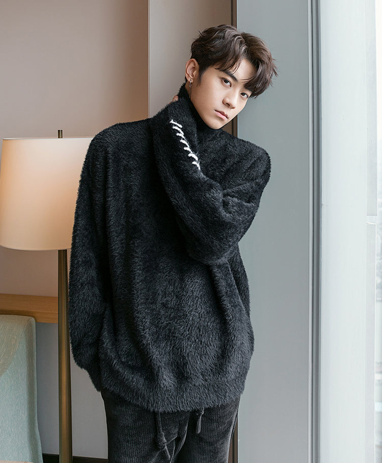 Men's Lace Design Mink Turtleneck Sweater
