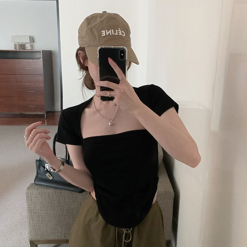 Retro Hot Girl Square Collar Slim Irregular Covering Belly Slim Short Top
