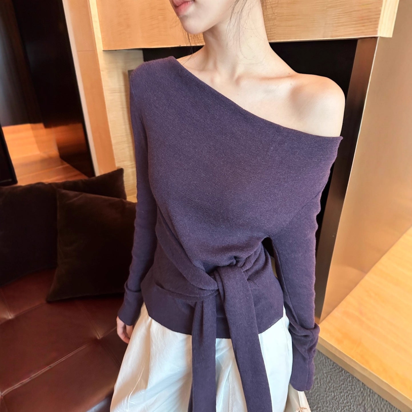Women's Shoulder Waist Trimming Knitted Long Sleeve