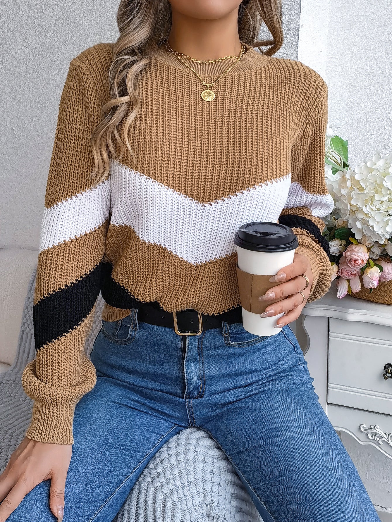 Casual Multicolor Lantern Long Sleeve Pullover