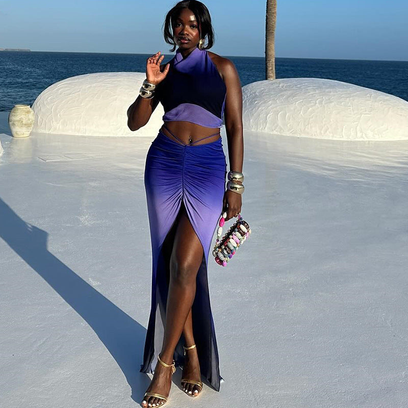 Fashionable Printed Sleeveless Backless Tank Top And Slit Skirt Set
