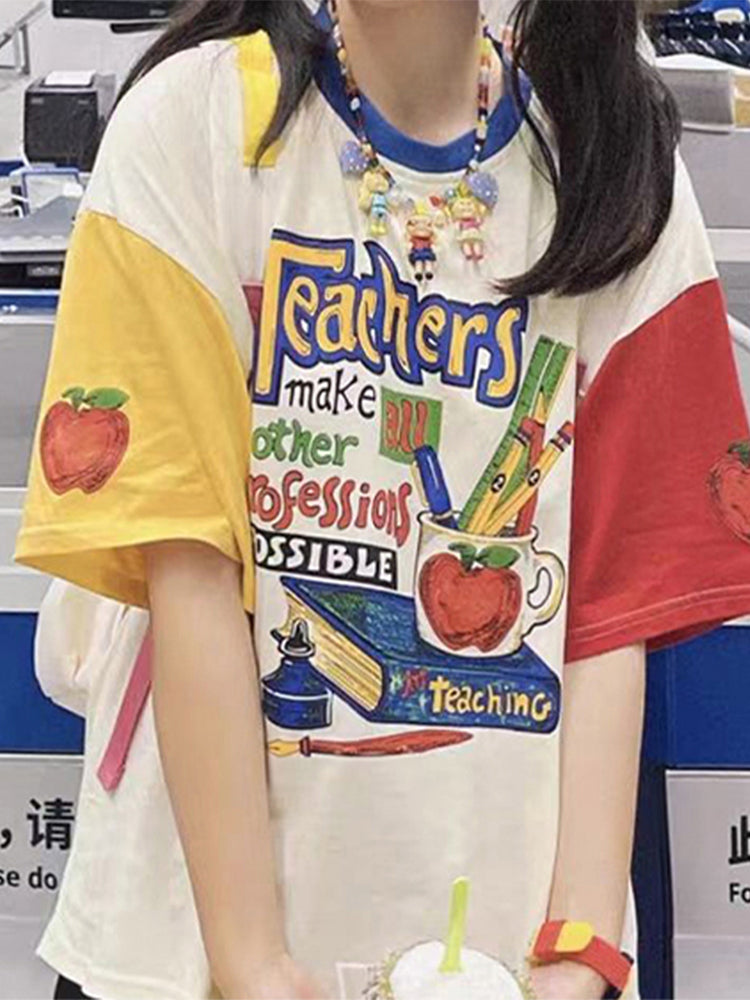 Japanese Pure Cotton Color Matching Short Sleeved T-shirt For Women