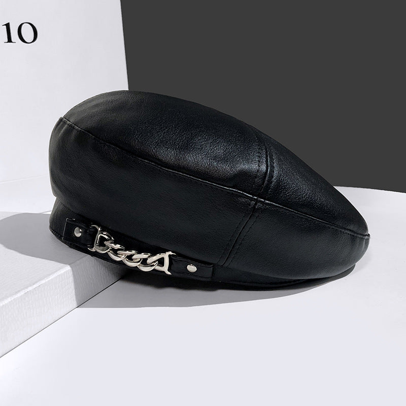 Women's British Vintage Chain Leather Beret Hat