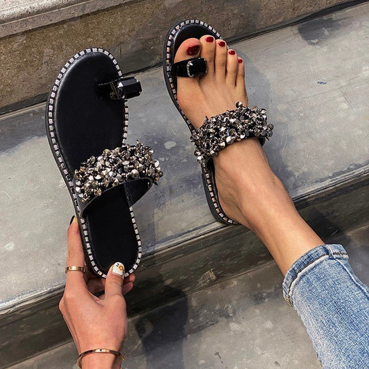 Fashion Ladies Set Toe Sequined Sandals And Slippers