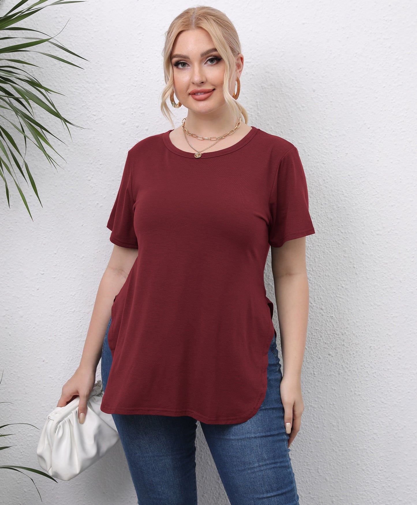 Casual Simple Top Round Neck Split Short-sleeved T-shirt