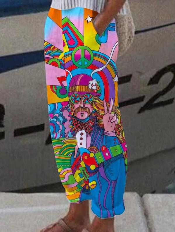 Women's Printed Fashion Graffiti Loose Pockets Casual Straight Trousers