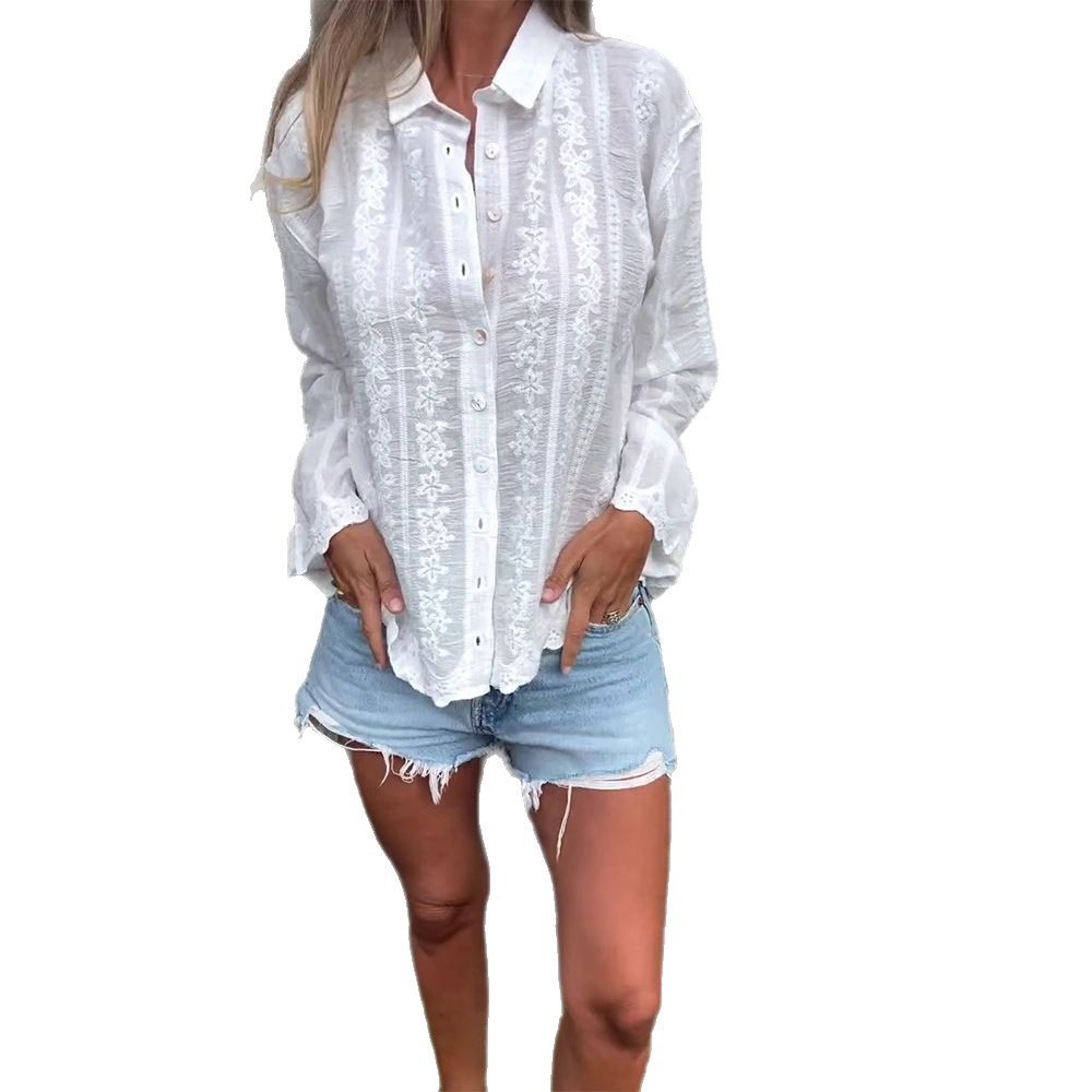 Color Embroidery Hollow Out Polo Collar Shirt Long Sleeve Button Cardigan Top