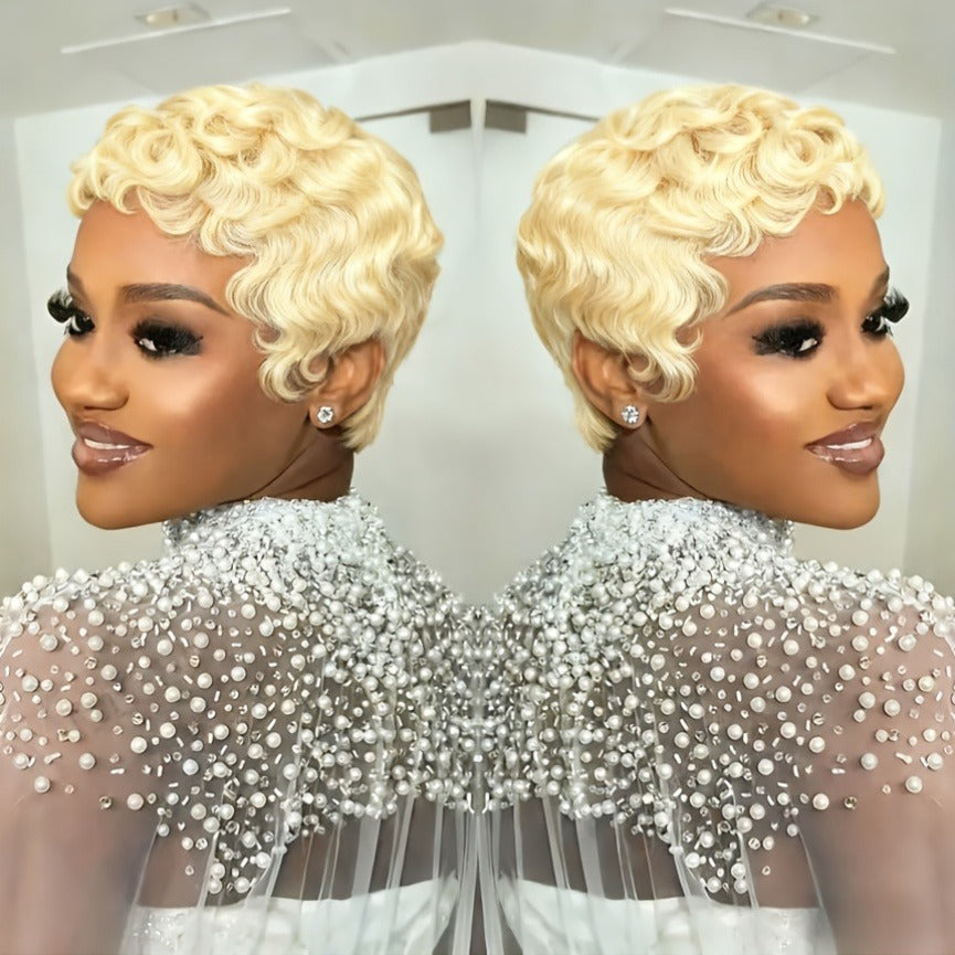 Blonde Curly Pixie Cut With Wave Human Hair