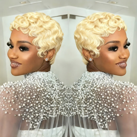 Blonde Curly Pixie Cut With Wave Human Hair