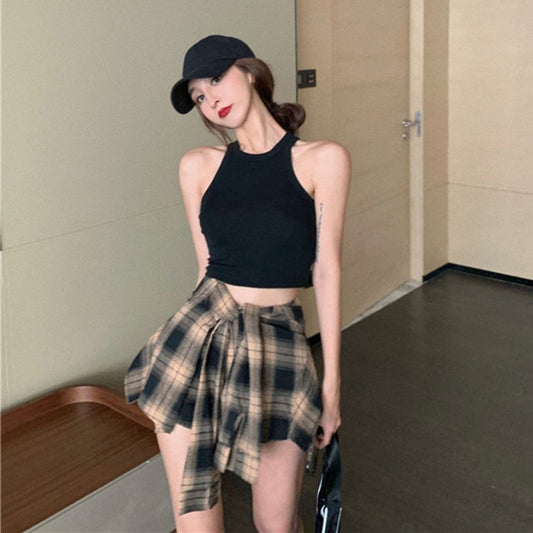 Irregular Plaid Top And Shorts-skirt Two-piece Set