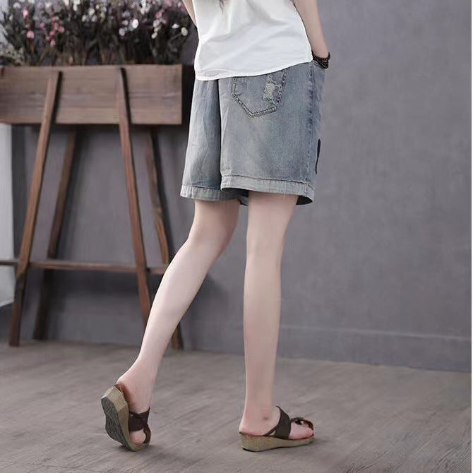 Elastic Waist Ripped Embroidered Vintage Straight Pants