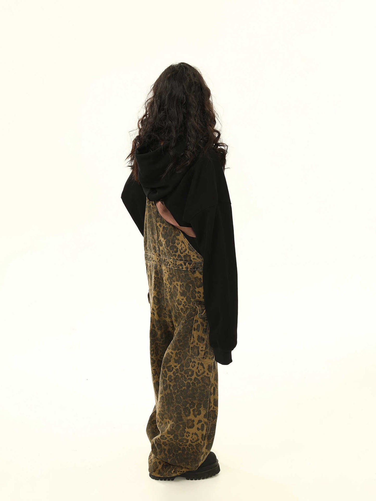 Leopard Print Cargo Pocket Suspender Pants Loose Wide Leg Jeans