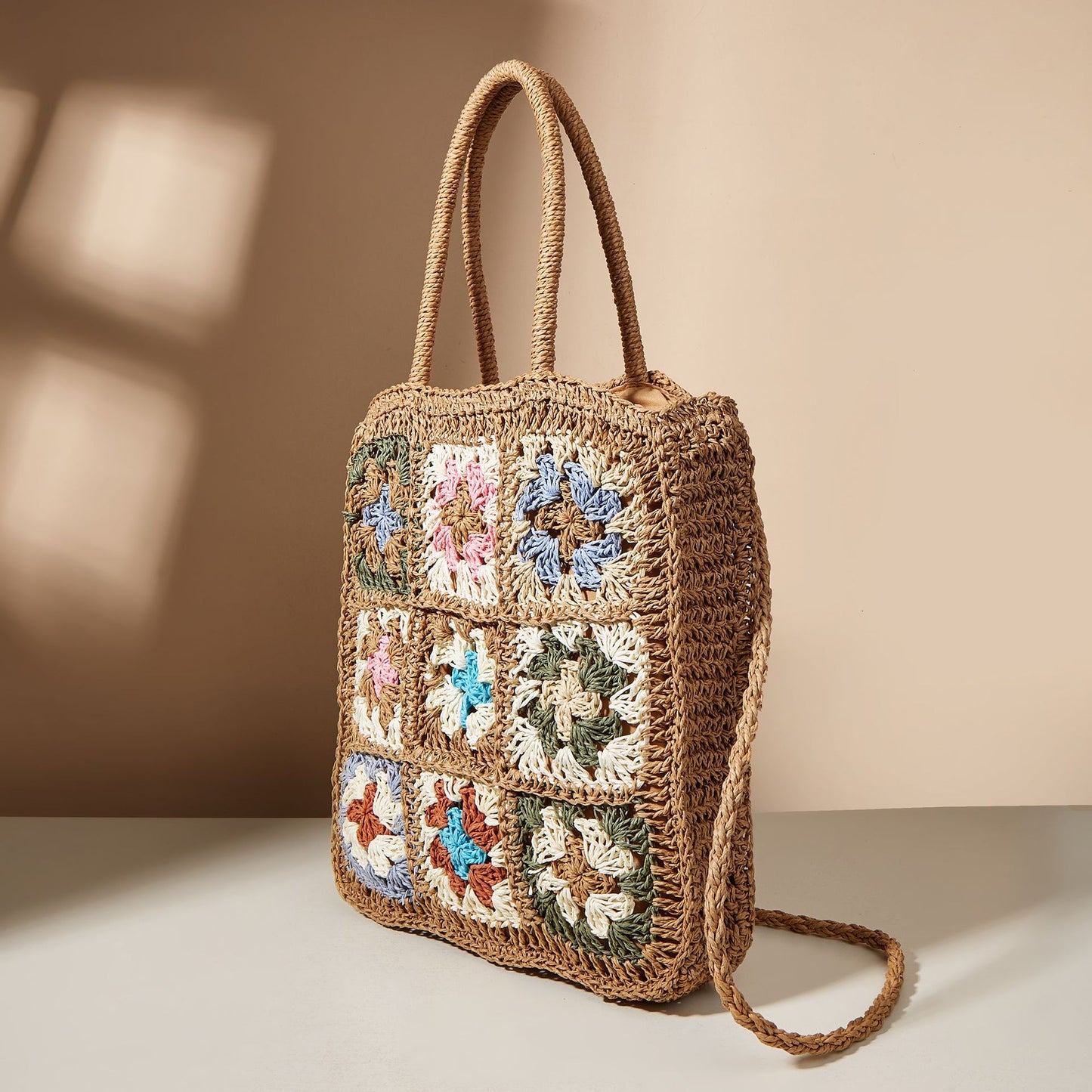 Splicing Braided Straw One Shoulder Portable Checkered Bag