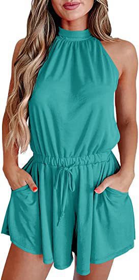 Women's Waist-controlled Lace-up Halter Loose Printed Jumpsuit