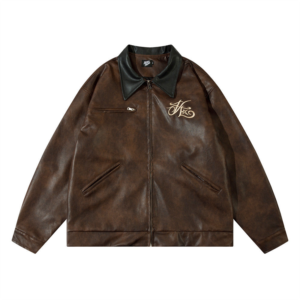 Letter Embroidered Lapel Leather Coat Loose Men