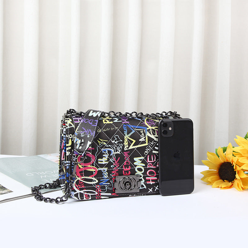 Fashion Printed Letter Graffiti Bag Diamond Chain