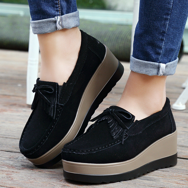 Nye Kvinder Kvast Sløjfe Design Sko Mode Tyk Bund Kilehæl Sko Casual Slip-on Ensfarvet Flade Sko