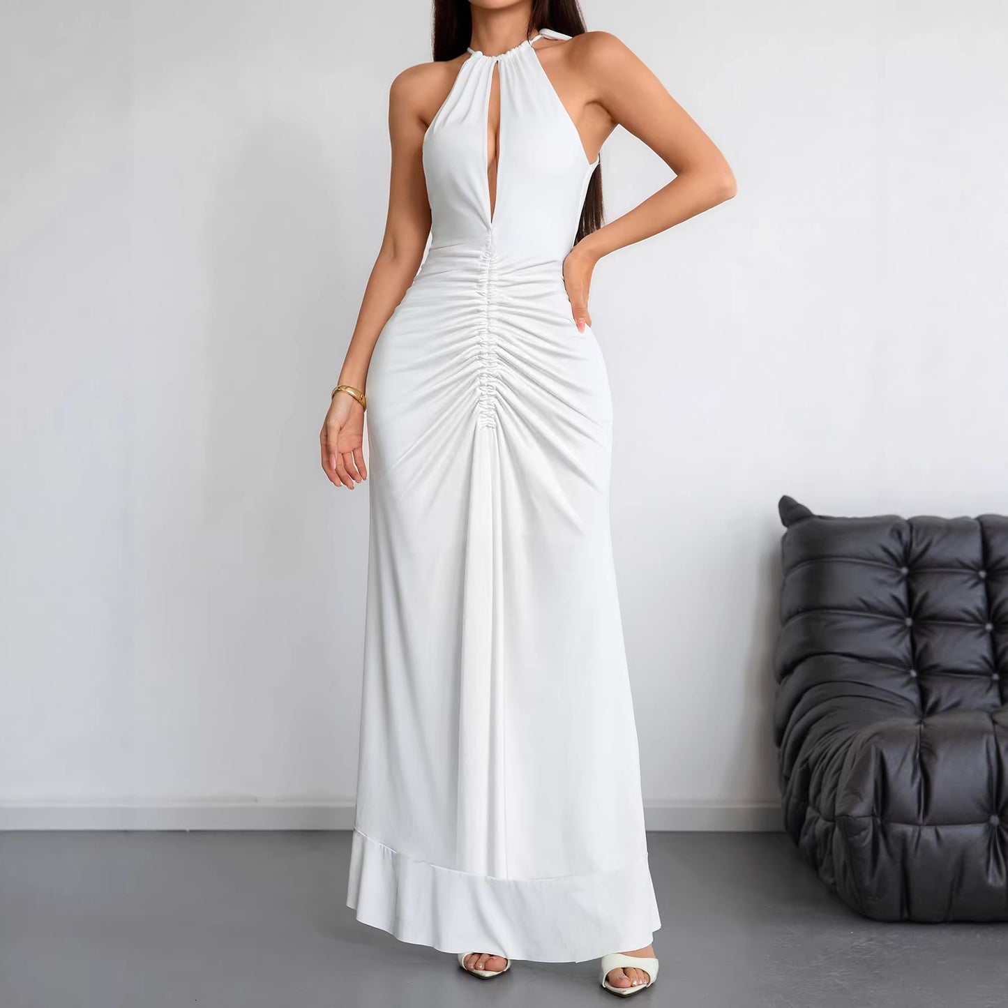 Slimming Pleated Solid-Color Womens Summer Dress